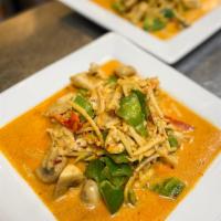 C1. Gang Gai Curry · Green and red bell peppers, bamboo, mushroom, and basil.