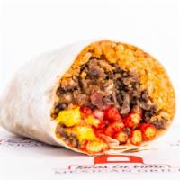 Hot Cheeto Burrito · Your choice of meat, Hot Cheetos, nacho cheese, rice, beans, onions, cilantro, and hot sauce.