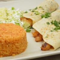Fish Tacos · 3 flour tortillas fillet with grilled tilapia filet, served with rice, salad, pico de gallo ...