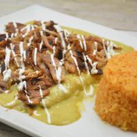 Enchiladas Tapatias Dinner · 3 corn tortillas, stuffed with queso fresco, topped with shredded pork carnitas and covered ...