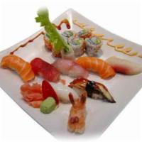 B2. Sushi Deluxe · Chefs choice of 10 pieces of nigiri sushi, California maki and tekka maki. Served with soup. 