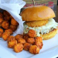 Ring of Fire Burger · Pepper Jack, buffalo sauce, jalapenos, spicy mayo and spiced onion ring. Spicy. These items ...