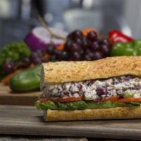 11. Chicken Salad Sandwich · White meat chicken breast, celery, cranberries, red grapes and pecans.
