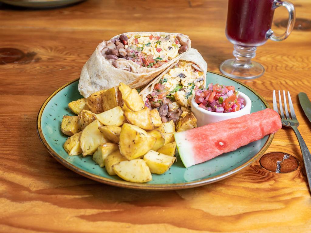 Breakfast Burrito · Eggs, beans, cheddar, salsa, and country potatoes.