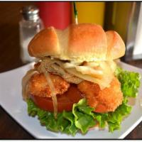 Cod Fish Sandwich · Deep-fried hand breaded true cod fillet. Served with lettuce, tomato, grilled onions and hou...