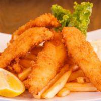 Fish n Chips · 4 pieces of hand cut cod fillet deep-fried to perfection and served with house tartar sauce.