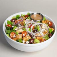 Olympia Salad · Grilled chicken, romaine lettuce, tomato, cucumbers, black olives, onions, feta cheese with ...