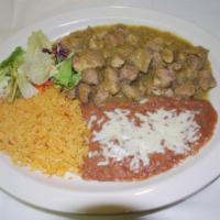 Chile Verde · Cubed pork prepared with special green chile sauce. Served with rice, beans and tortillas.