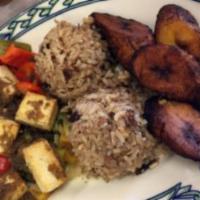 Curried Tofu · Served with rice and sweet plantains