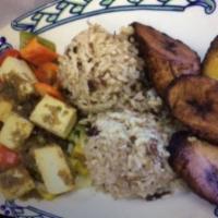 Veggie Tofu · Served with rice, sweet plantains and red bell pepper