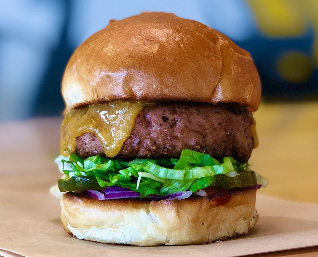 Beyond Burger · Plant-based burger made without soy, gluten, or GMOs, lettuce, pickle, red onion, and Camden's catsup on our brioche bun not vegan or GF, catsup not vegan.