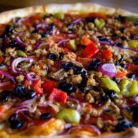 The Works Pizza · Tomato sauce topped with pepperoni, sausage, mushrooms, bell peppers, onions, black olives, ...