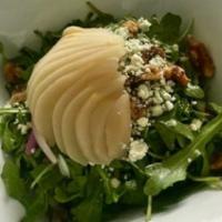 Arugula ＆ Pear Salad · Arugula, Pear, Red Onions, Cucumbers, Candied walnuts, with Blue Cheese Crumbles, and tossed...