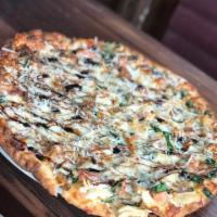 Chicken Bruschetta Pizza · Shredded chicken, tomato, red onion, basil, olive oil, and garlic. Topped with parmesan and ...