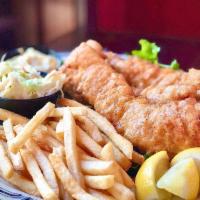 Fish and Chips · Beer battered pollock, French fries, and coleslaw.