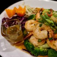 S-5 Angel Prawn (GF) · Shrimp stir fry with garlic, black pepper, cabbage, green onion, cilantro and broccoli serve...