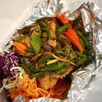 S-7 Pad Ped Pla Duk (GF) · Deep fried catfish topped with spicy sauce, eggplant, green bean, bell pepper, basil, and se...