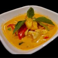 47. Pineapple Curry (GF)(VG) · Pineapple, bell pepper and basil in red curry paste and coconut milk
