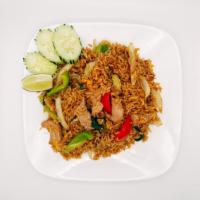 72. Basil Fried Rice (GF) · Fried rice with basil, onions, bell pepper, egg, cucumber and lime