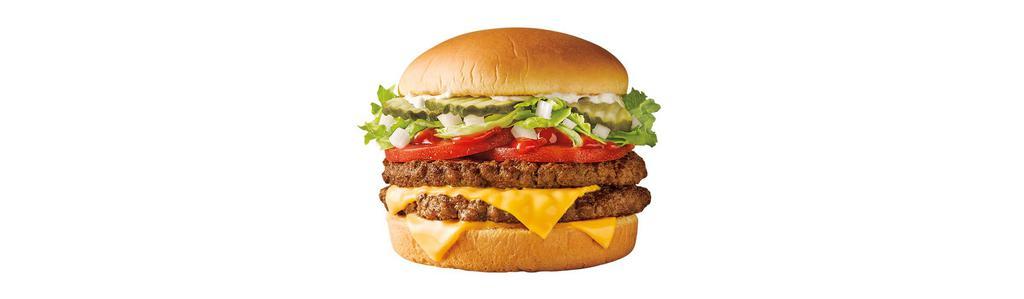Super SONIC® Double Cheeseburger · Two juicy, perfectly seasoned, quarter pound, 100% pure beef patties that are layered with two slices of melty American cheese, crisp, crinkle cut pickles, tangy ketchup, diced onions, creamy mayo, crisp lettuce, and hand sliced tomatoes on a golden, toasted bun.