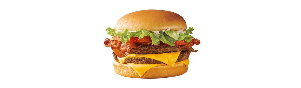 SuperSONIC® Bacon Double Cheeseburger · 2 Patties of 100% Pure Beef | 2 Slices of Melty Cheese | Bacon | Lettuce | Tomato | Mayo