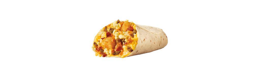Ultimate Meat & Cheese Breakfast Burrito · Crispy Bacon | Sausage | Eggs | Golden Tots | Melted Cheese