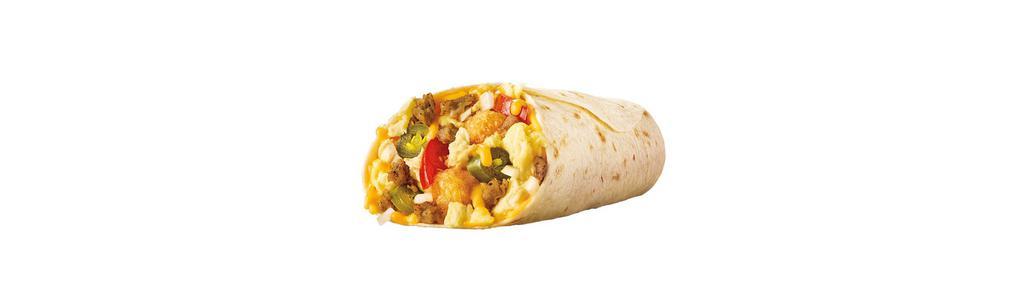Supersonic Breakfast Burrito · Cheddar cheese, tater tots, onions, jalapenos, tomatoes and choice of sausage or bacon.