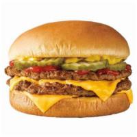 Quarter Pound Double Cheeseburger · Two 100% pure beef jr. hamburgers layered with two thick slices of American cheese, with ket...