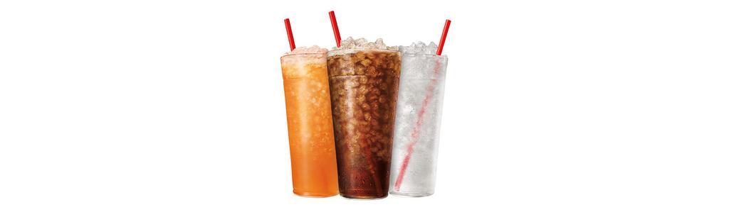 Soft Drinks + flavor add ins · More options of cold, bubbly refreshments with your choice of flavor add-ins, all served over our famous SONIC ice.