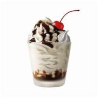 Ice Cream Sundaes · Creamy, real vanilla ice cream with hot fudge, caramel o strawberry, whipped topping and a m...