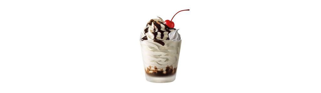 Ice Cream Sundaes · Creamy, real vanilla ice cream with hot fudge, caramel o strawberry, whipped topping and a maraschino cherry. It's hard to top. Unless you want nuts on it. That is pretty easy to do.