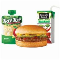 Jr Burger Kids Meal · Comes with Minute Maid 100% Apple Juice Box and Tree Top Apple Sauce. Includes a fun toy