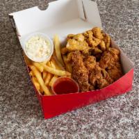 Fish and Chicken Combo · Your choice of 2 proteins. Served with fries, coleslaw and sliced bread.