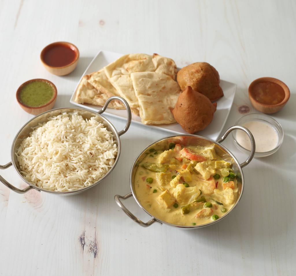 Bombay Delivery Spec · Choose one appetizer and one entree. Served with naan bread, basmati rice, raita, and chutneys.the portions are smaller than regular Menu.