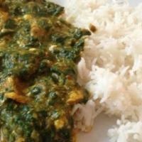 Chicken Saag · Marinated chicken with spinach pureed with spices. Served with rice.