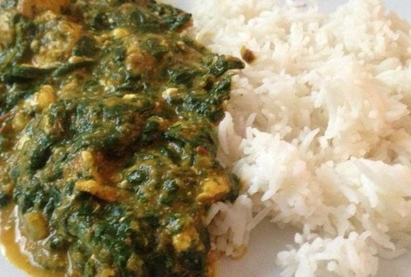 Chicken Saag · Marinated chicken with spinach pureed with spices. Served with rice.