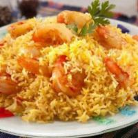 Shrimp Biryani · Jumbo shrimp cooked with aromatic rice and spices.