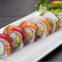 R15 Rainbow Roll · California roll with tuna, salmon, tilapia, shrimp and yellowtail on the outside.