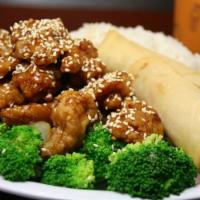 Sesame Chicken · With choice of appetizer, rice and a soda.