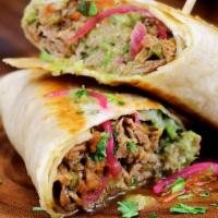 Johnny Diablo · Pulled pork, guacamole, red and green salsa, red onion, spicy sour cream, rolled in a warm t...