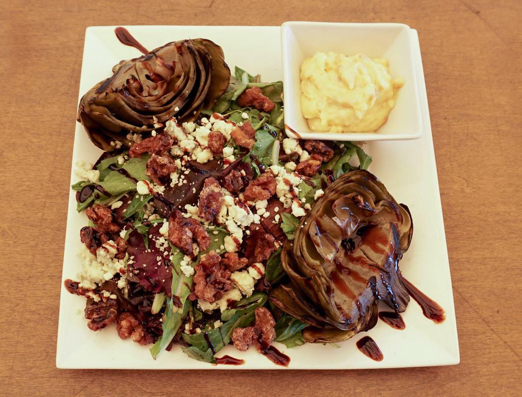 Roasted Artichoke · Lemon aioli, mixed green salad, candied walnuts, crumbled blue cheese and blue cheese dressing.