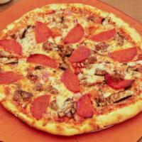 Kelly Pizza · Wisconsin mozzarella, pepperoni scimeca's sausage, portobello mushroom and sweet red onions.