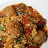 Malfade Con Polpetine  · Lamb Meatballs, Eggplant, Bell Peppers, Green Onions, Garlic
Veal Reduction