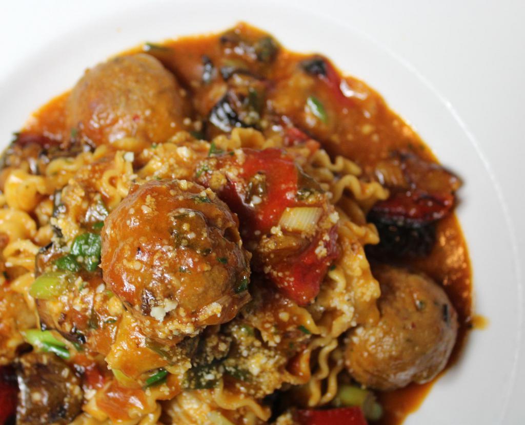 Malfade Con Polpetine  · Lamb Meatballs, Eggplant, Bell Peppers, Green Onions, Garlic
Veal Reduction