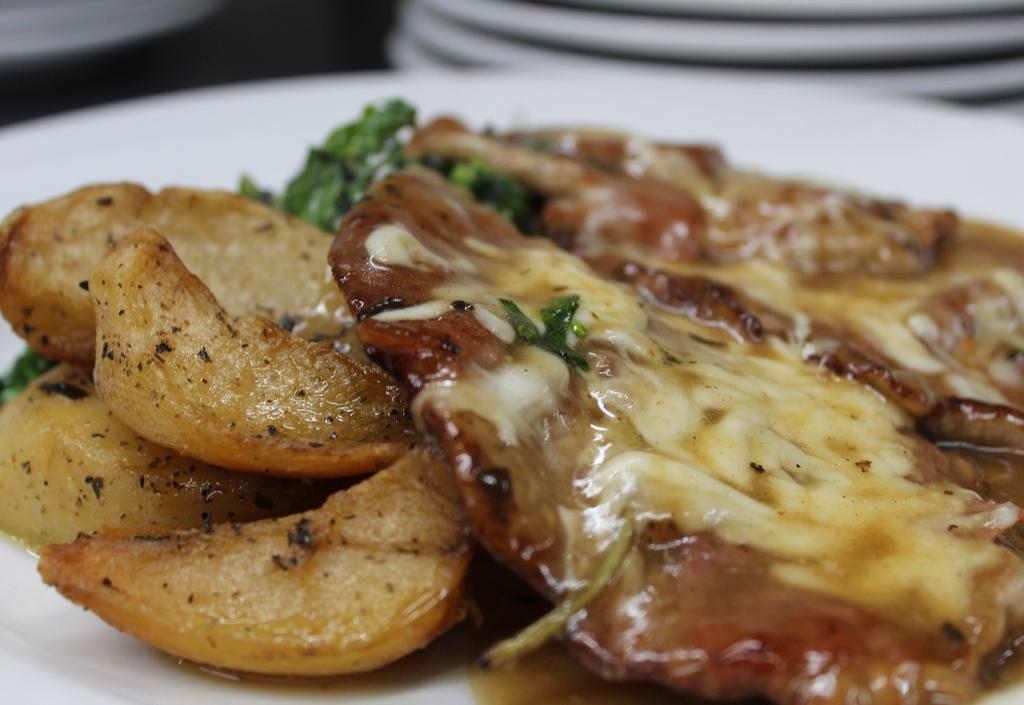 Veal Saltimboca Lunch  · Rappini, potatoes, prosciutto, fontina, sage, cherry wine sauce. Gluten-free.
