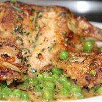 Pollo Vesuvio · Boneless half Amish chicken, potatoes, peas, garlic white wine sauce. Gluten-free.