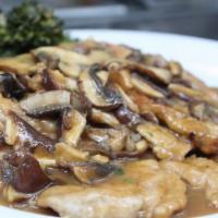 Chicken Marsala · Chicken breast, spinach, potatoes, marsala mushrooms sauce. Gluten-free. 