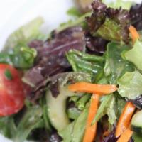 House Salad · Mixed greens, cucumbers, olives, carrots, cherry tomatoes, balsamic dressing. Gluten-free.
