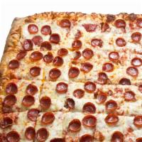 Sheet Cheese Pizza *Shown with Pepperoni, additional charge applies · Perri's traditional Sheet pizza with mozzarella made to order, 32 square pieces.