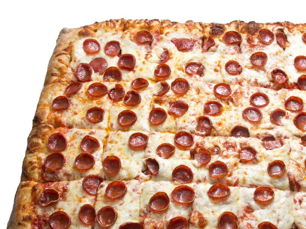 Sheet Cheese Pizza *Shown with Pepperoni, additional charge applies · Perri's traditional Sheet pizza with mozzarella made to order, 32 square pieces.
